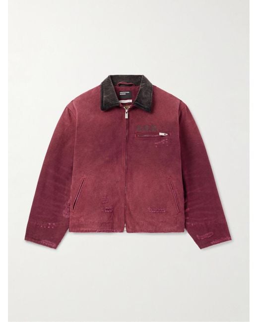 Enfants Riches Deprimes Red Corduroy-Trimmed Printed Distressed Cotton-Canvas Jacket for men