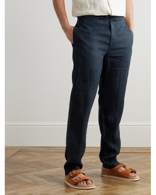 Canali Blue Tapered Linen Drawstring Trousers for men
