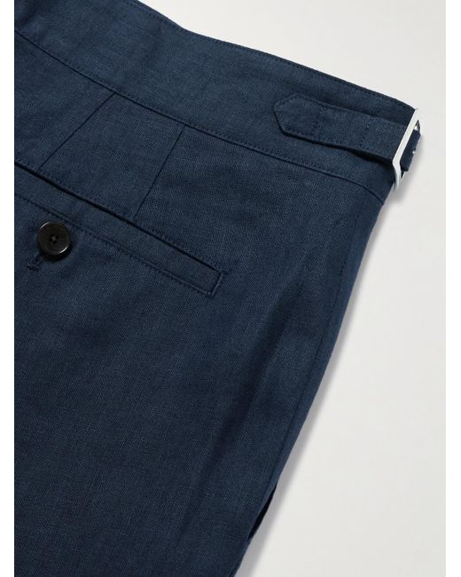 Mr P. Blue Steve Tapered Pleated Linen Trousers for men