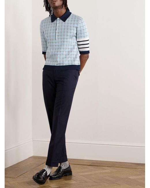Thom Browne Blue Jacquard-Knit Silk And Cotton-Blend Polo Shirt for men