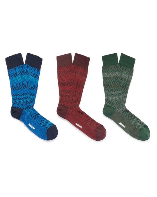 Missoni Blue Three-pack Crochet-knit Cotton-blend Socks for men