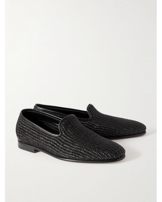 Manolo Blahnik Black Mario Leather-Trimmed Raffia Loafers for men