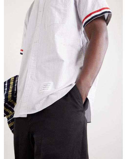 Thom Browne White Logo-Appliquéd Striped Cotton-Oxford Shirt for men