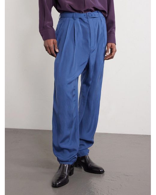 Saint Laurent Blue Tapered Belted Pleated Silk Trousers for men