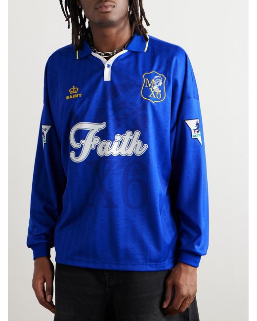 SAINT Mxxxxxx Blue Logo-Embroidered Printed Appliquéd Mesh Polo Shirt for men