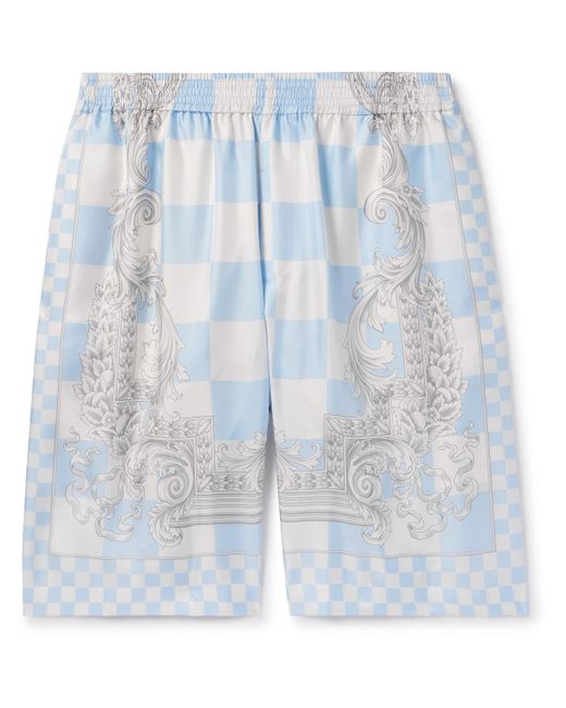 Versace Blue Straight-leg Printed Silk-twill Shorts for men
