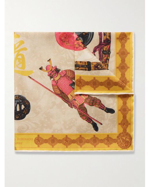 Rubinacci Yellow Samurai Printed Silk-twill Pocket Square for men