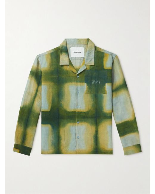 STORY mfg. Green Greetings Logo-embroidered Tie-dyed Cotton And Linen-blend Shirt for men