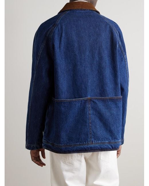 Drake's Blue Corduroy-Trimmed-Dyed Denim Chore Jacket for men