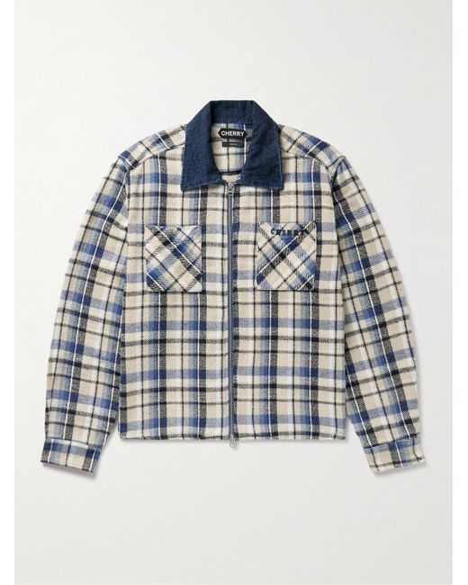CHERRY LA Blue Chambray-trimmed Logo-embroidered Checked Cotton-flannel Shirt Jacket for men