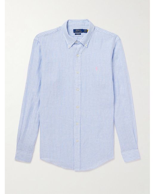 Polo Ralph Lauren Blue Button-Down Collar Striped Linen Shirt for men