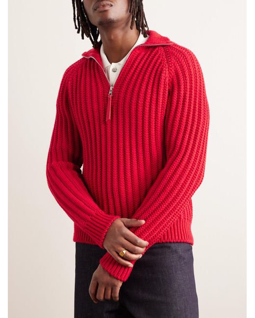 Pullover in lana a coste con mezza zip Fisherman di Loewe in Red da Uomo