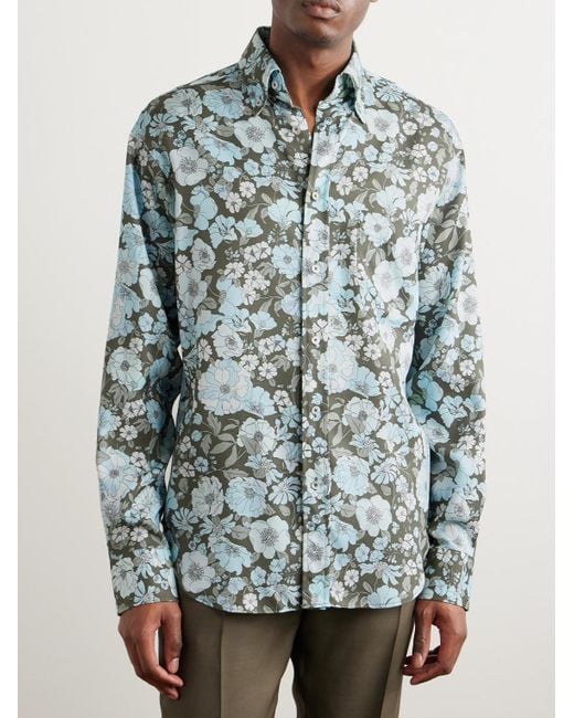 Tom Ford Blue Button-down Collar Floral-print Lyocell Shirt for men