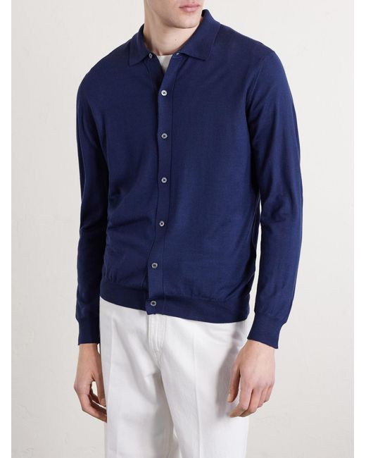 Fedeli Blue Knitted Wool Polo Shirt for men