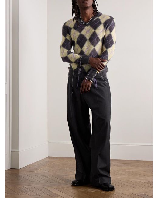 Marni Blue Slim-Fit Fringed Argyle Mohair-Blend Sweater for men