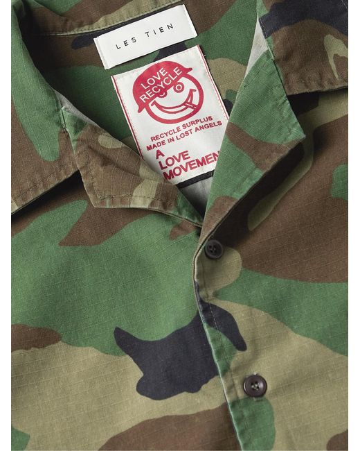 Les Tien Green Camp-collar Appliquéd Camouflage-print Cotton-ripstop Shirt for men