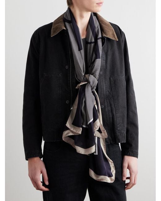Saint Laurent Gray Logo-Print Striped Silk-Satin Scarf for men