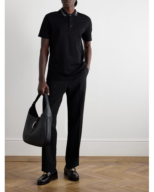 Medusa Embroidered Cotton-Piqué Polo Shirt di Versace in Black da Uomo