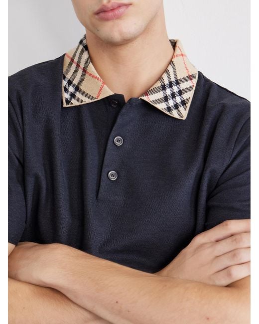 Burberry Blue Checked Cotton-Piqué Polo Shirt for men