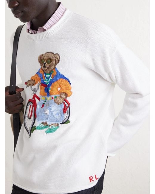 Polo Ralph Lauren White Polo Bear-embroidered Bead-embellished Knitted Cotton Sweater for men