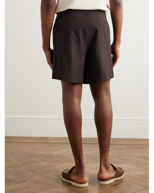 STÒFFA Black Straight-Leg Pleated Wool-Seersucker Shorts for men