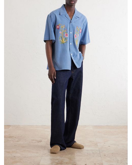 Kardo Blue Ronen Convertible-Collar Embroidered Cotton Shirt for men