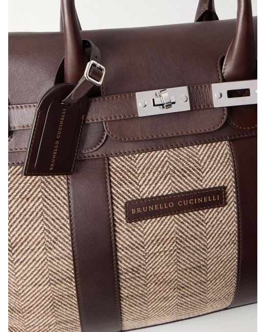 Brunello Cucinelli Brown Herringbone Canvas And Leather Weekend Bag for men