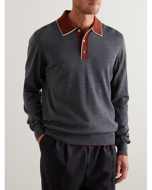 Mr P. Gray Colour-Block Merino Wool Polo Shirt for men