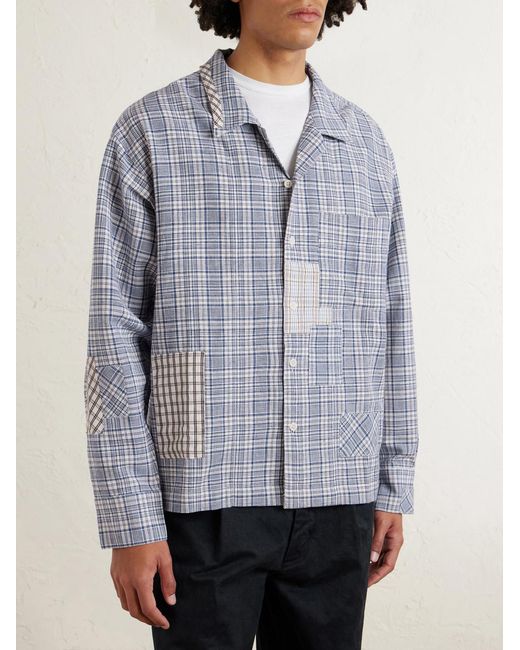 STORY mfg. Blue Greetings Camp-collar Patchwork Checked Organic Cotton Shirt for men