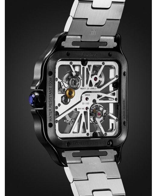 Cartier Black Santos De Hand-Wound Skeleton 39.8Mm Interchangeable Steel And Alligator Watch, Ref. No. Whsa0027 for men