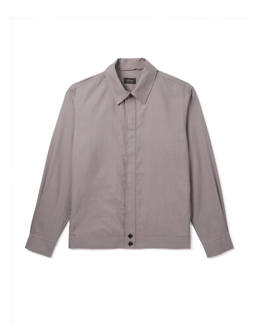 Brioni Gray Herringbone Silk-Seersucker Overshirt for men