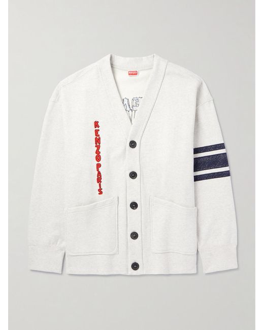 KENZO White Embroidered Striped Cotton-blend Jersey Cardigan for men