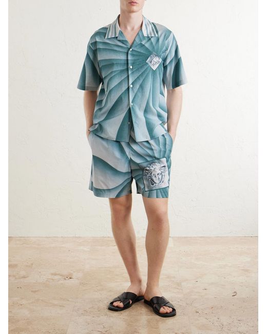 Versace Blue Wide-Leg Printed Cotton-Poplin Shorts for men
