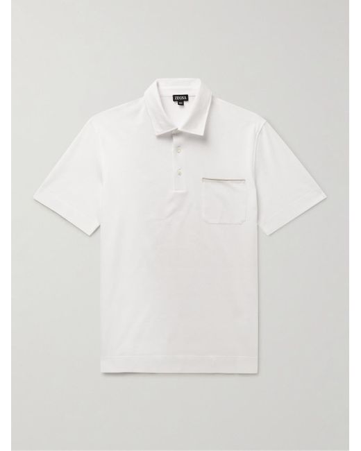 Zegna White Slim-Fit Nubuck-Trimmed Cotton-Piqué Polo Shirt for men