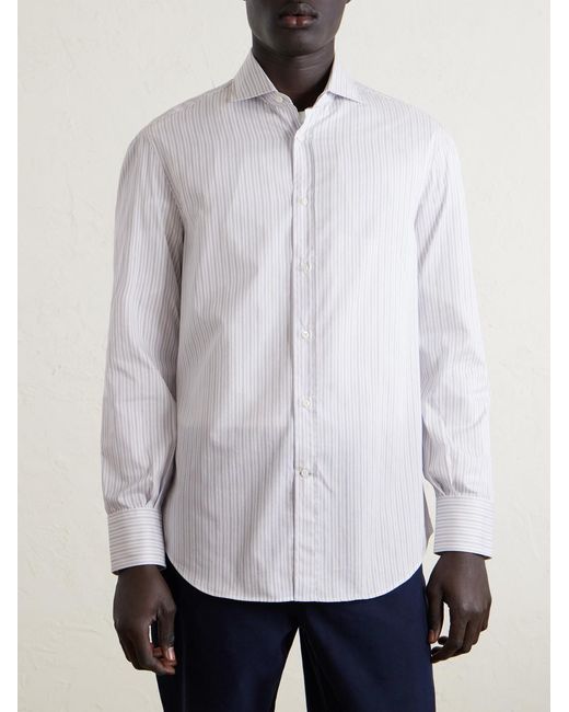 Brunello Cucinelli White Striped Cotton-Poplin Shirt for men