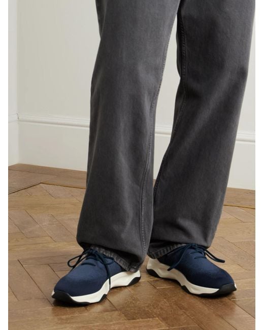 Berluti Blue Shadow Scritto Venezia Leather-Trimmed Stretch-Knit Sneakers for men