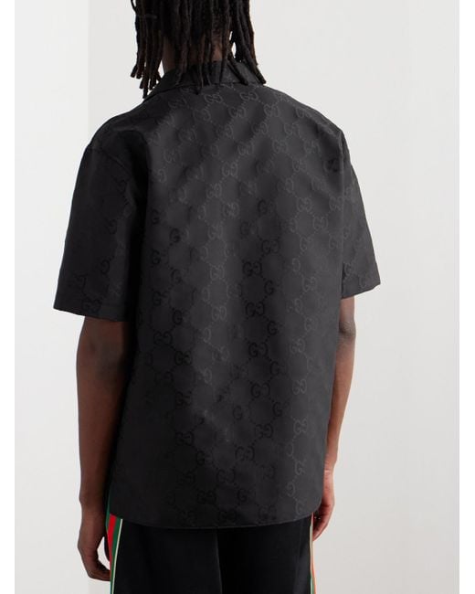 Gucci Black Camp-collar Logo-jacquard Twill-trimmed Satin Shirt for men
