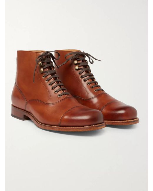 GRENSON Brown Leander Cap-toe Burnished-leather Boots for men