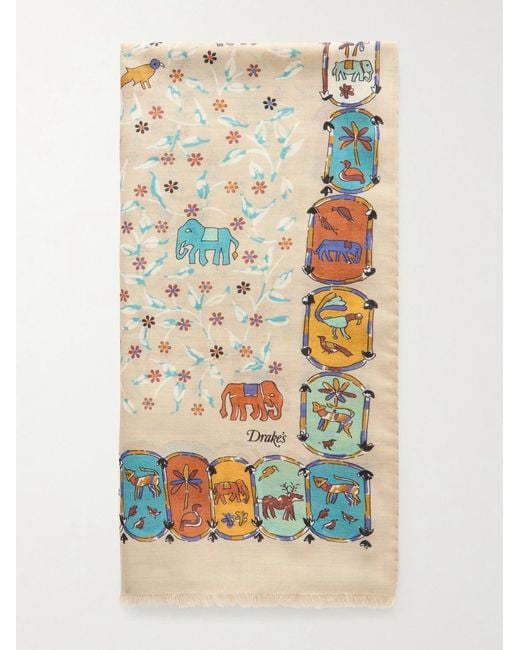 Drake's Natural Frayed Printed Wool And Silk-Blend Scarf for men