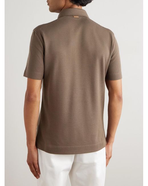 Zegna Brown Slim-fit Leather-trimmed Cotton-piqué Polo Shirt for men