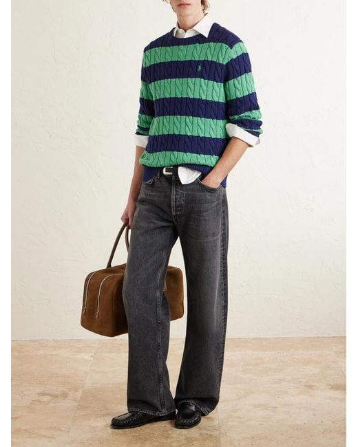 Polo Ralph Lauren Green Logo-Embroidered Striped Cable-Knit Cotton Sweater for men