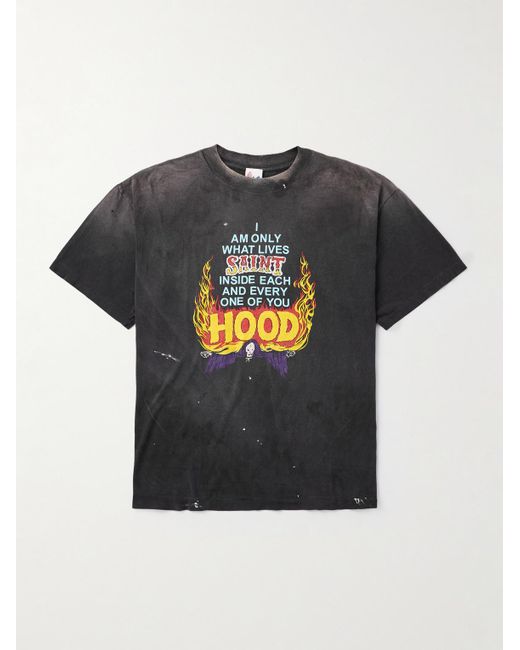 SAINT Mxxxxxx Black Neighborhood Distressed Paint-splattered Printed Cotton-jersey T-shirt for men