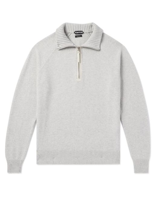 Tom Ford White Slim-Fit Leather-Trimmed Wool And Cashmere-Blend Half-Zip Sweater for men