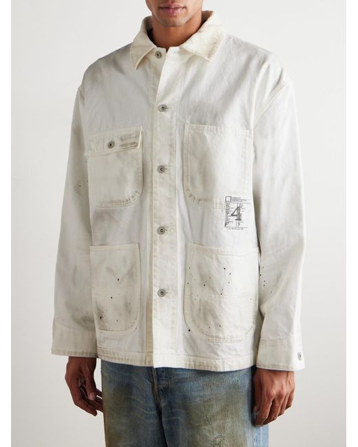 Neighborhood White Corduroy-trimmed Paint-splattered Denim Jacket for men