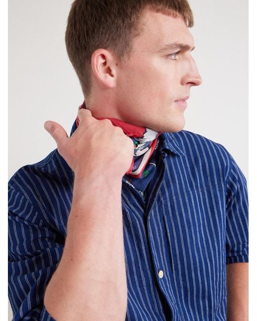 Drake's Blue Printed Cotton And Silk-Blend Scarf for men