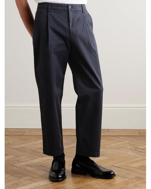 Barena Blue Tapered Cropped Pleated Stretch-Cotton Twill Trousers for men