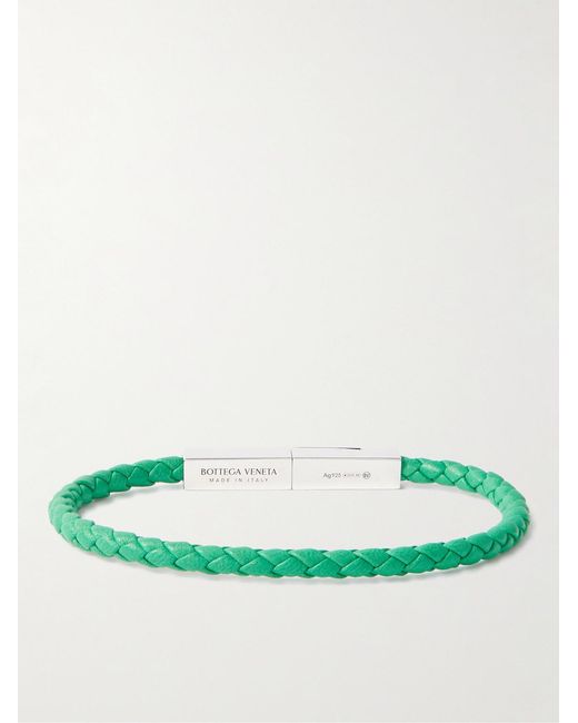 Bottega Veneta Green Braided Leather And Sterling Bracelet for men