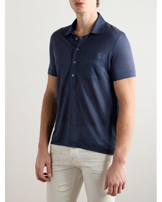 Tom Ford Blue Slim-Fit Silk And Linen-Blend Polo Shirt for men