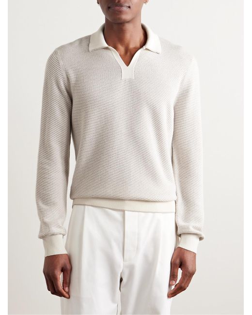 Zegna White Striped Silk And Cashmere-Blend Polo Shirt for men