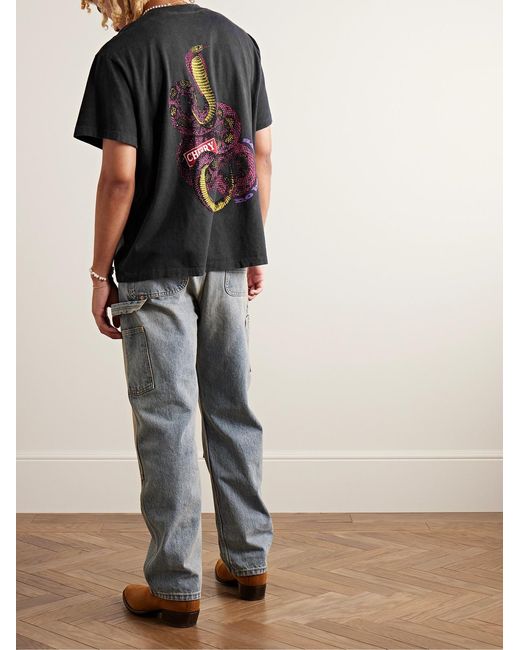 CHERRY LA Black Cobra Garment-Dyed Printed Cotton-Jersey T-Shirt for men